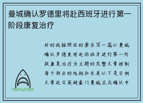 曼城确认罗德里将赴西班牙进行第一阶段康复治疗 曼城确认罗德里将赴西班牙进行第一阶段康复治疗