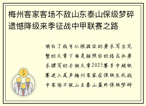 梅州客家客场不敌山东泰山保级梦碎遗憾降级来季征战中甲联赛之路 梅州客家客场不敌山东泰山保级梦碎遗憾降级来季征战中甲联赛之路